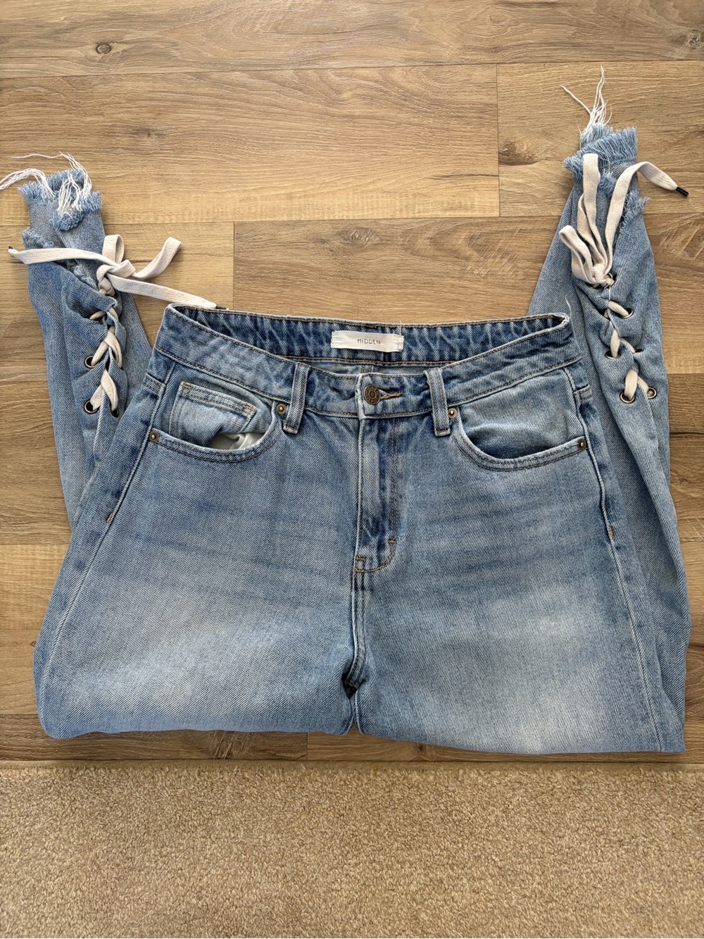 Hidden "Tracey" Lace-Up High-Rise Straight Leg Jeans (Style: HD1224M-LT1).28